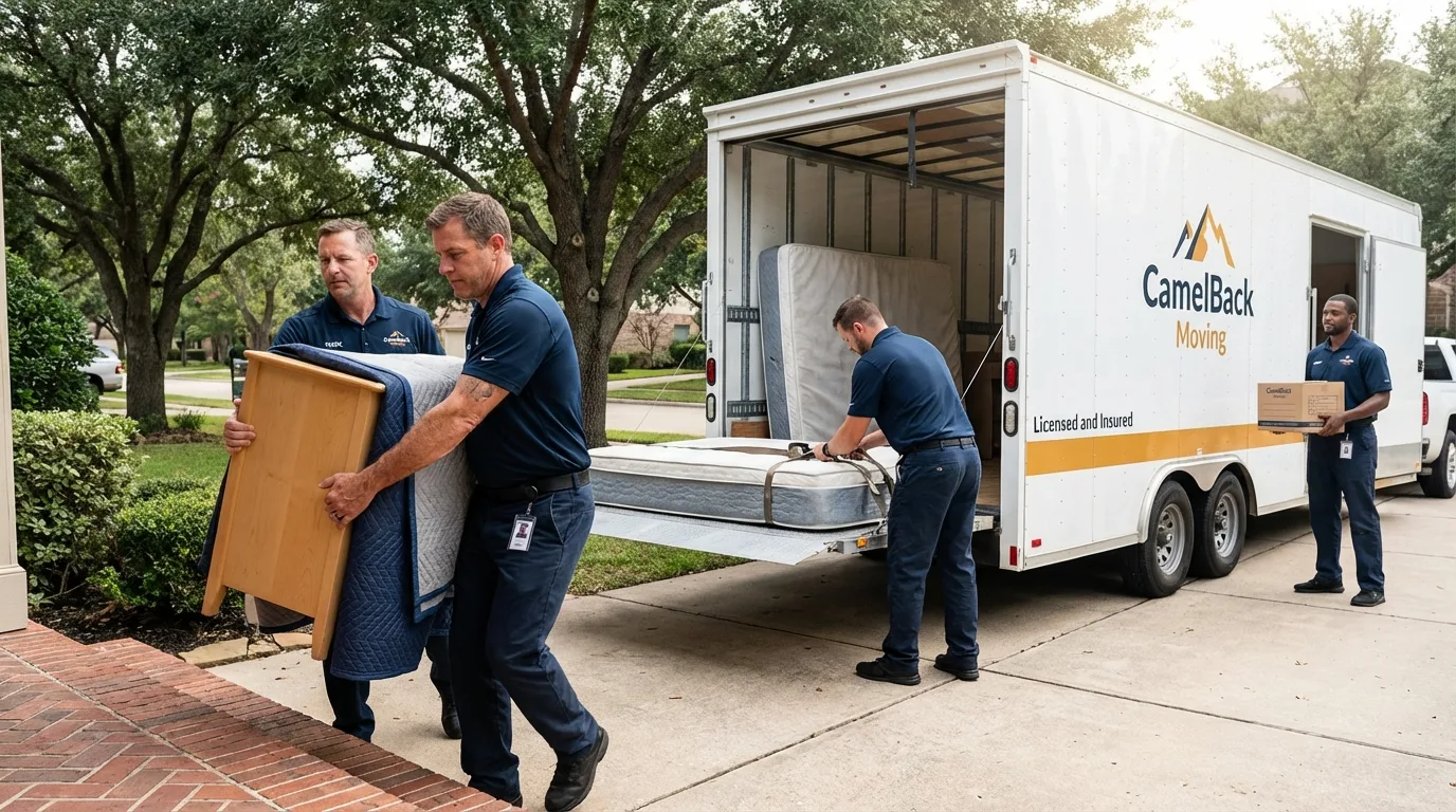 Crew loading residential truck for cross-state move from White Hall, IL
