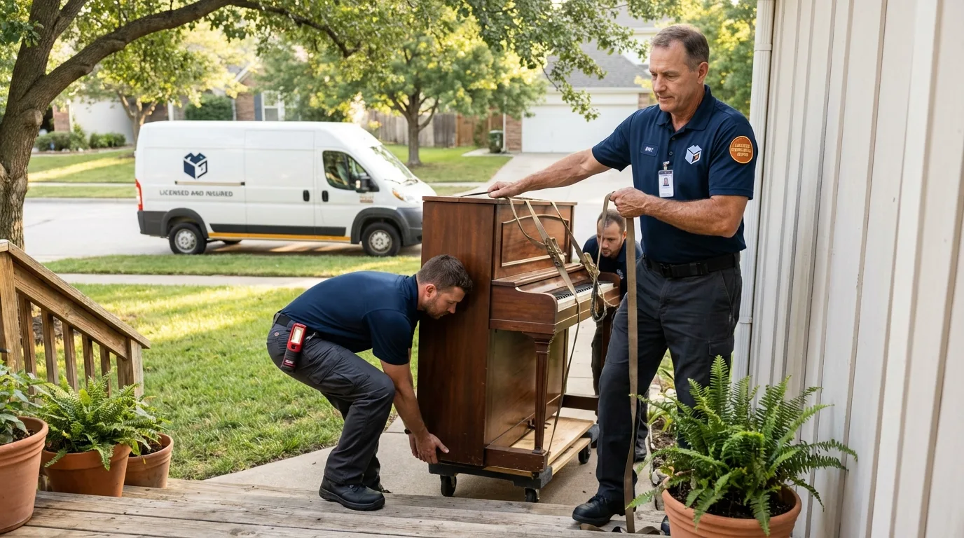 Licensed piano movers securing grand piano in White Hall, IL