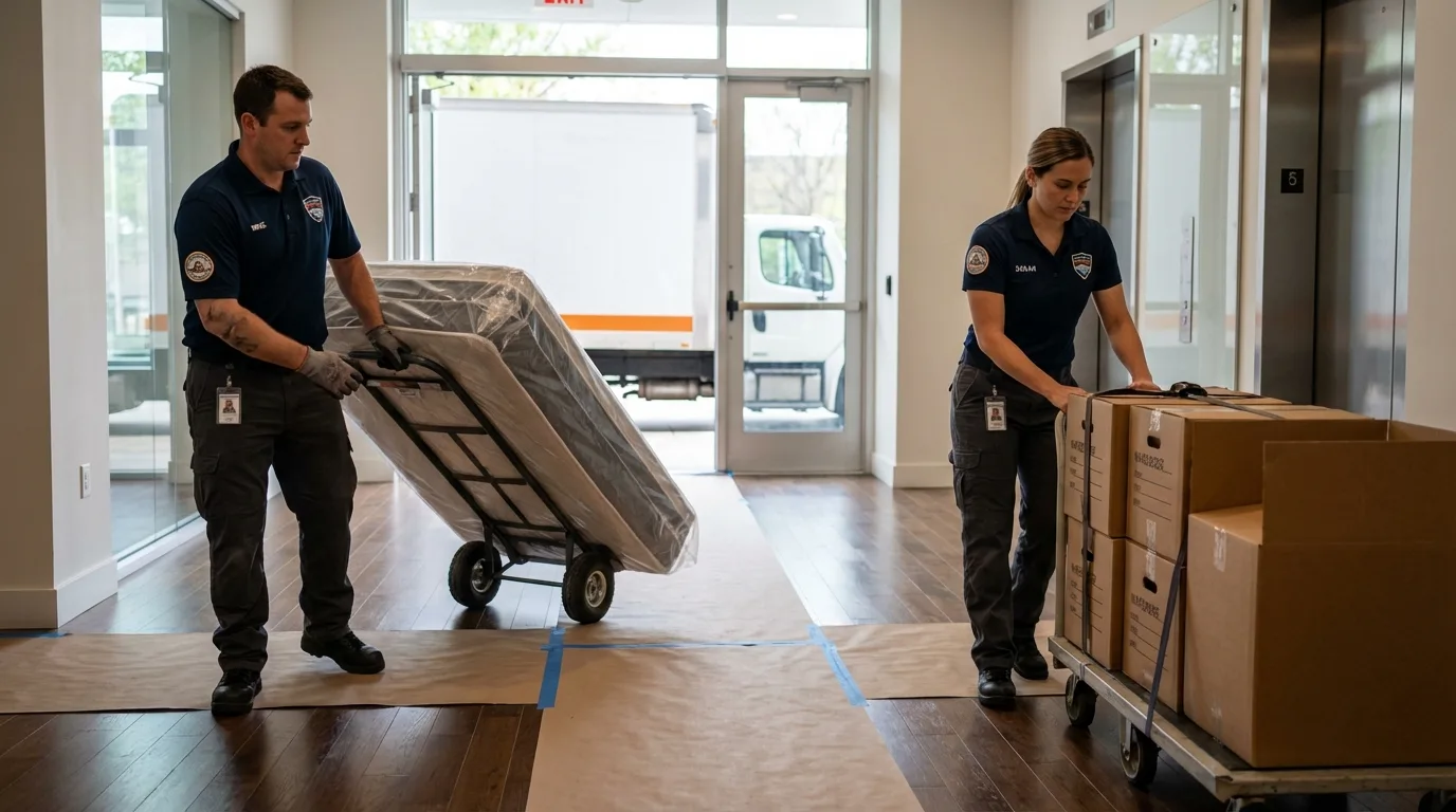 Professional apartment movers loading elevator in White Hall, IL