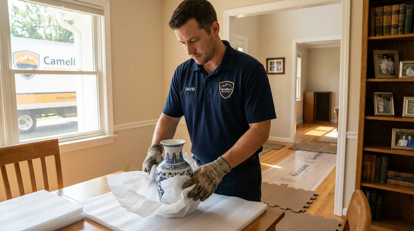 Professional crew carefully wrapping antique vase for senior downsizing move in White Hall, IL
